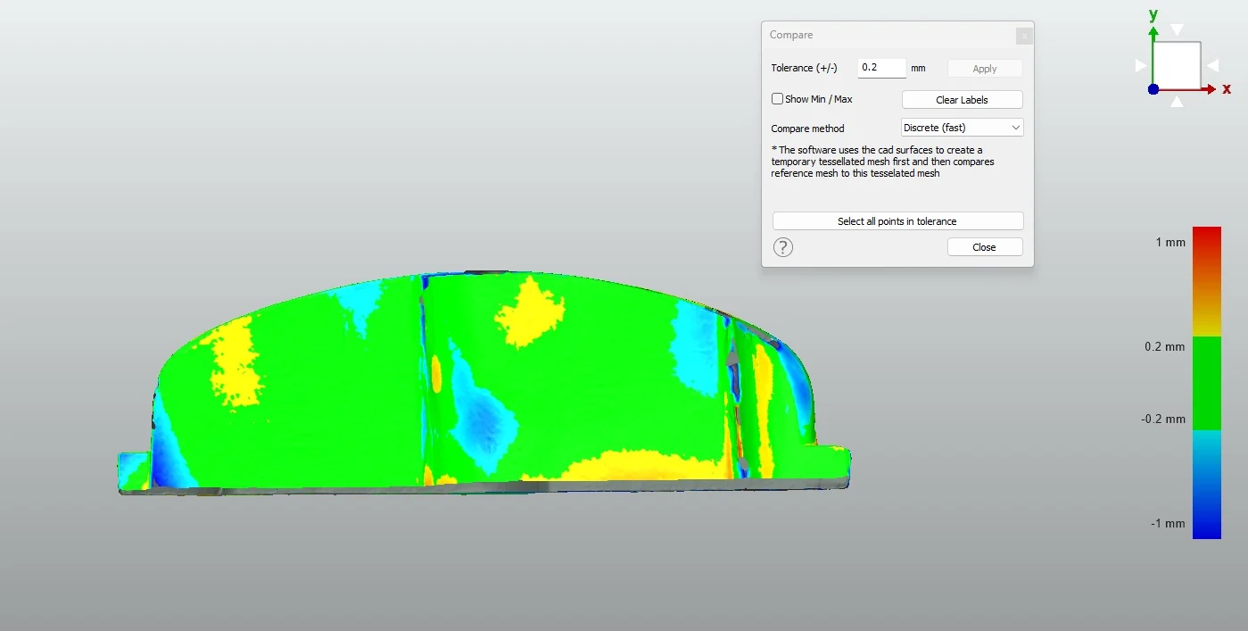 Scan-CAD-Abgleich eines Gussmodellteils mit farbigem Abweichungsvergleich.